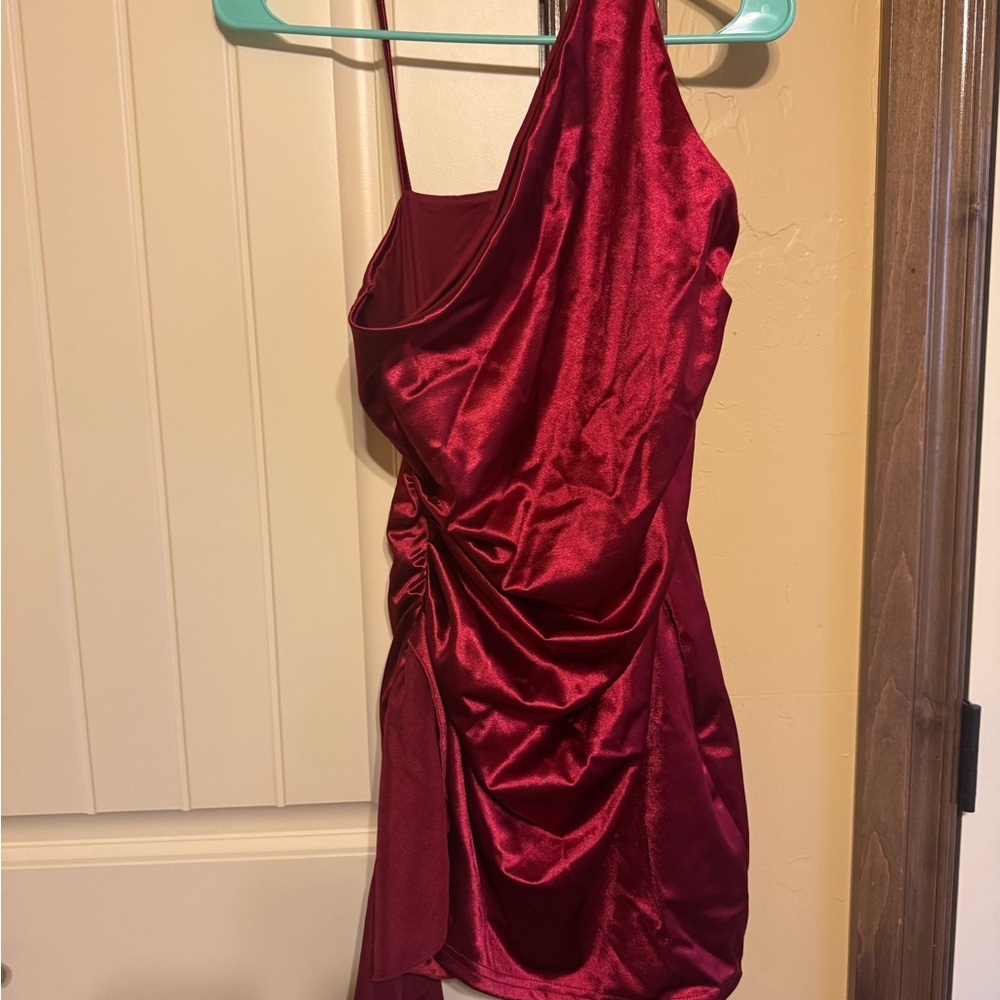 SHEIN One-Shoulder Satin Dress in Deep Red